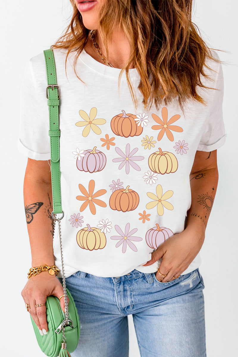 Pumpkin & Flower Round Neck Short Sleeve T-Shirt