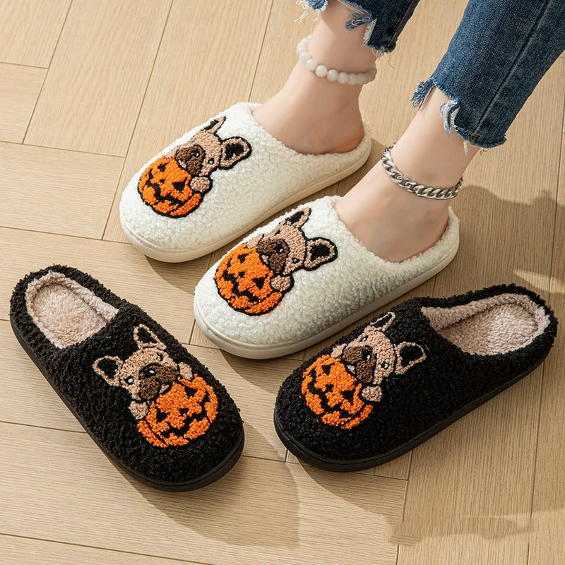 Pumpkin Dog Embroidered Slippers Cartoon Non-slip Velvet Cotton Slippers