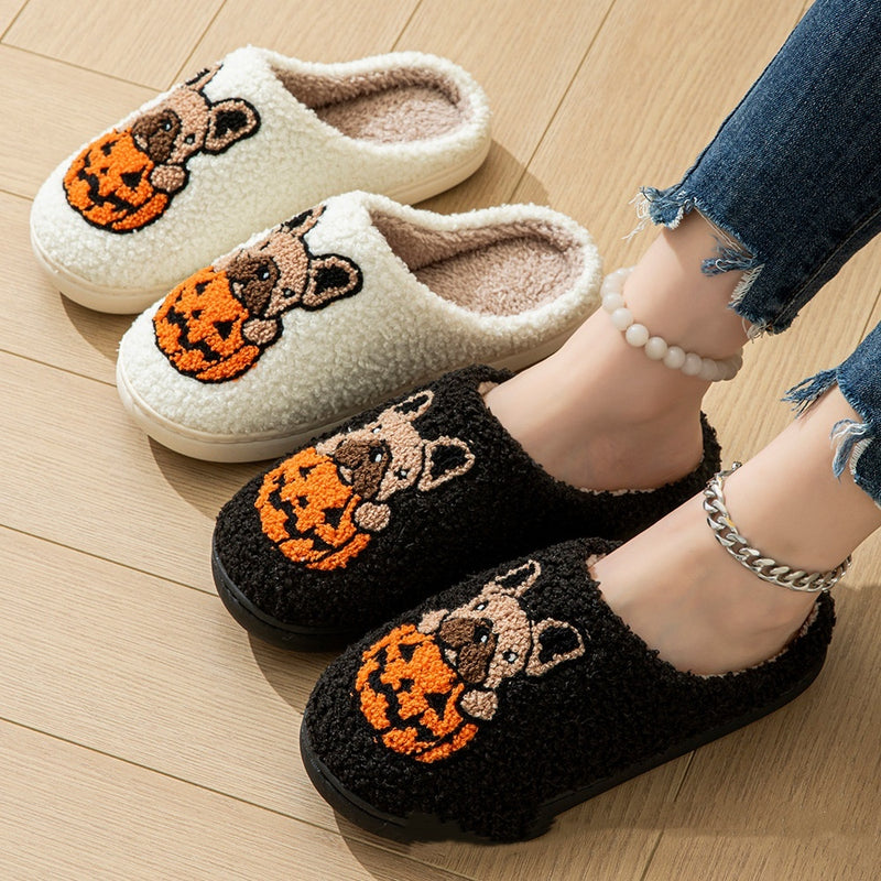 Pumpkin Dog Embroidered Slippers Cartoon Non-slip Velvet Cotton Slippers