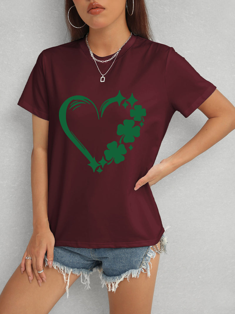 Heart Lucky Clover Round Neck Short Sleeve T-Shirt