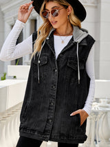 Drawstring Pocketed Button Up Sleeveless Denim Jacket