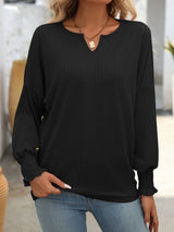 Textured Notched Lantern Sleeve T-Shirt