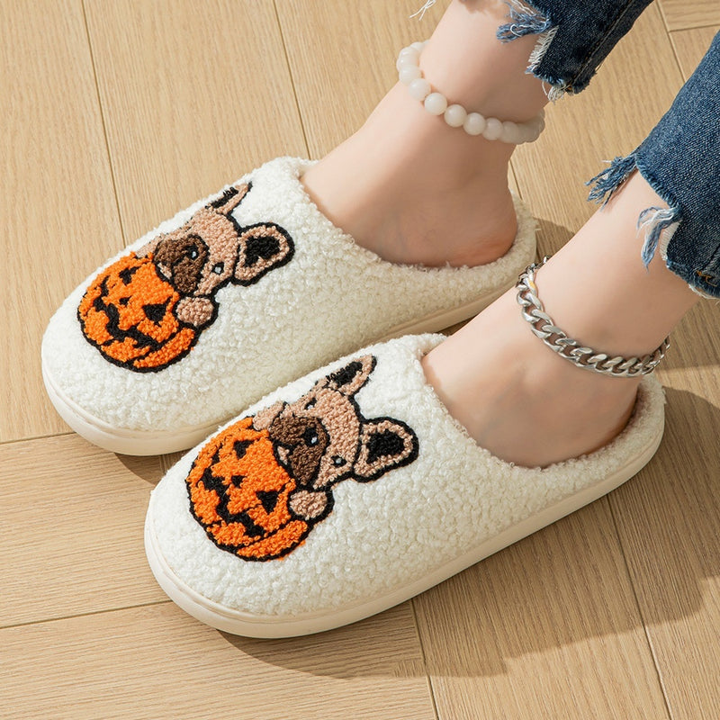 Pumpkin Dog Embroidered Slippers Cartoon Non-slip Velvet Cotton Slippers