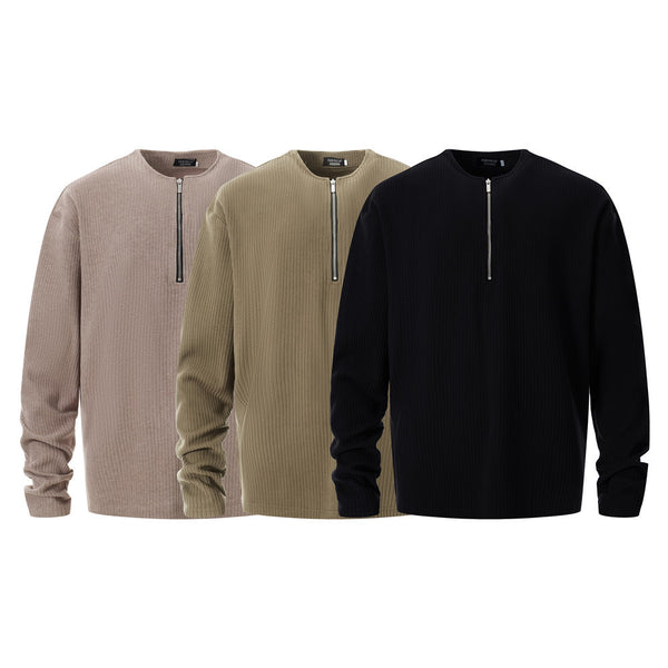 Half Zipped Round Neck Long-sleeved Knitted T-shirt Men's Top