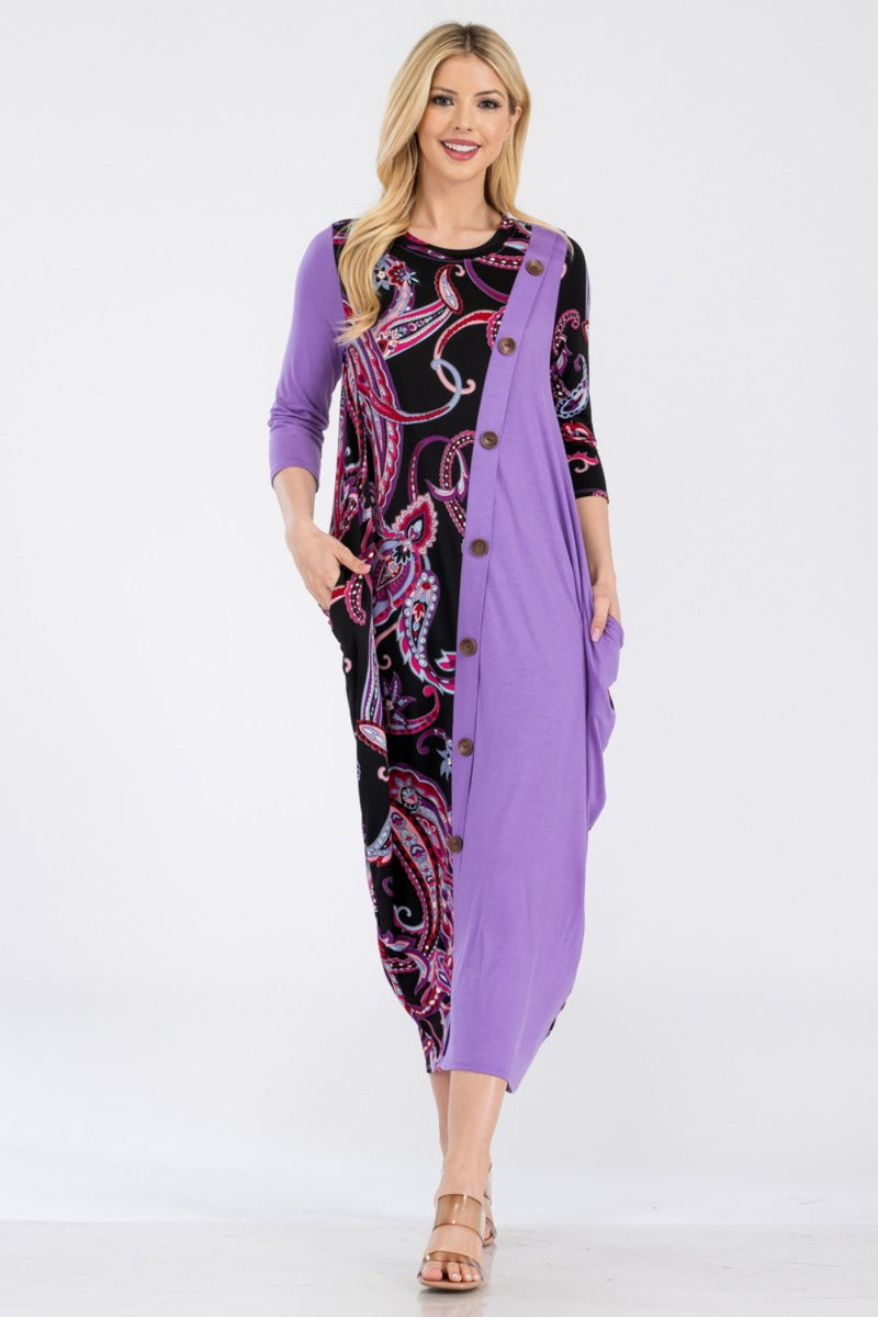 Celeste Full Size Paisley Contrast Midi Dress with Pockets