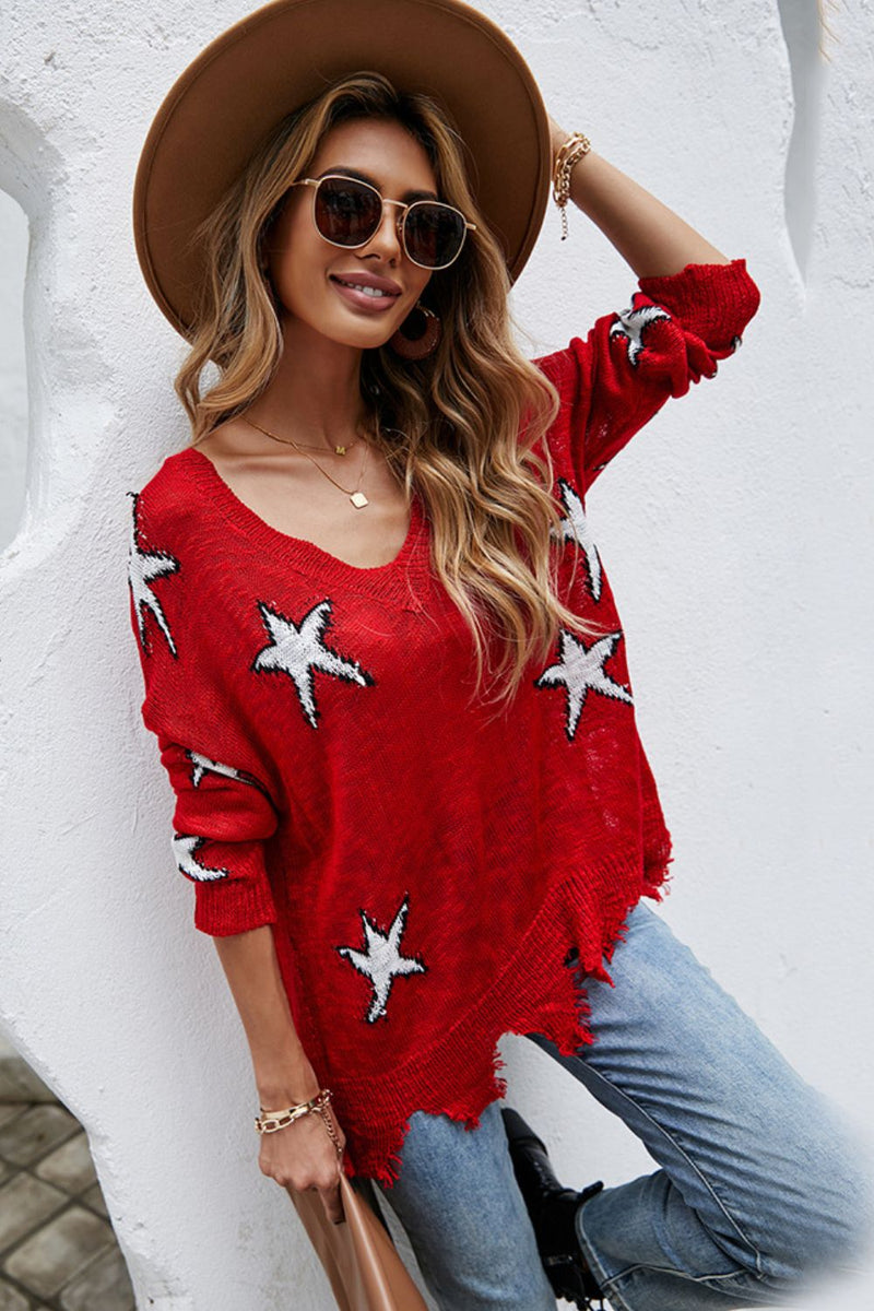 Angel Wings Star Pattern Distressed Sweater