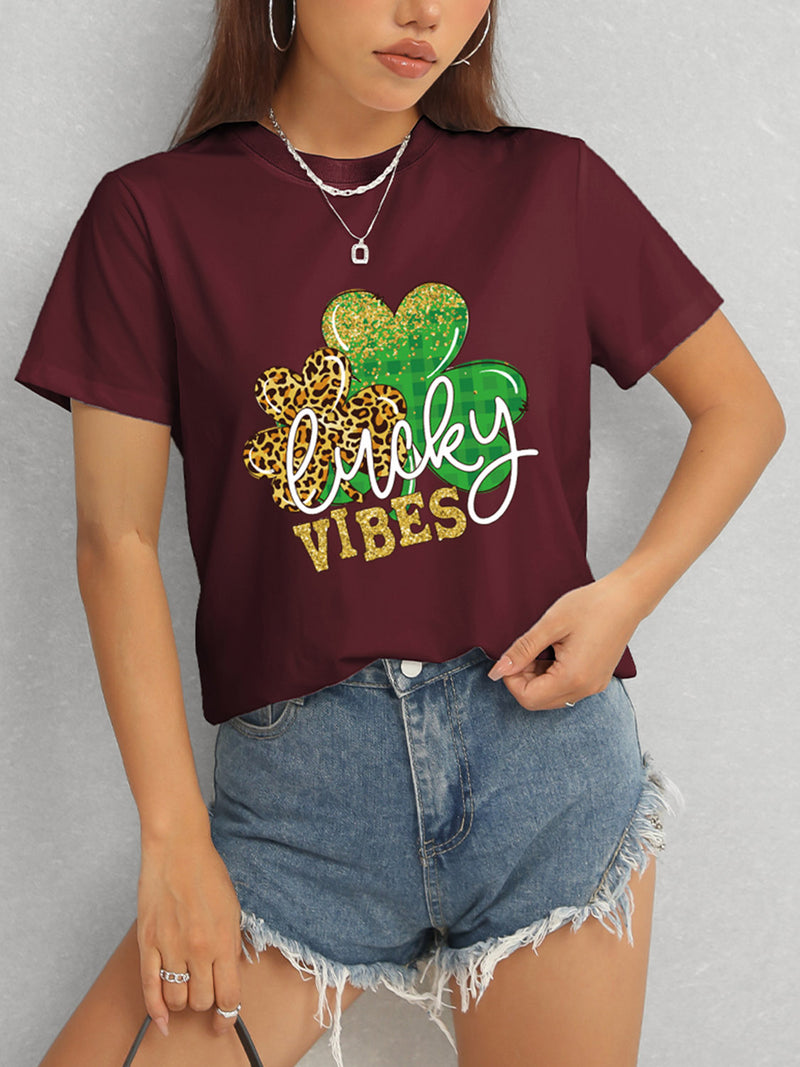 LUCKY VIBES Round Neck Short Sleeve T-Shirt