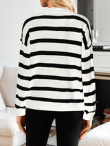 Many Striped Johnny Collar Long Sleeve Sweater