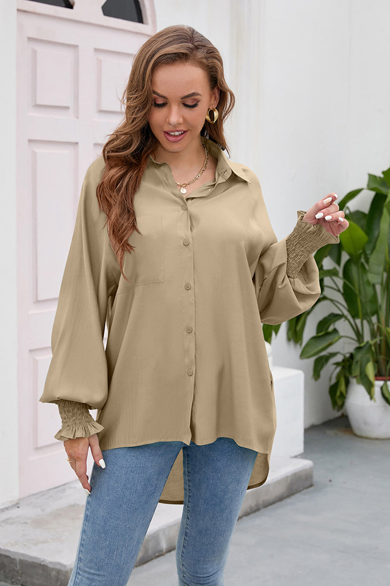 High-Low Collared Neck Lantern Sleeve Shirt