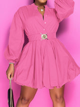 Notched Button Up Balloon Sleeves Dress